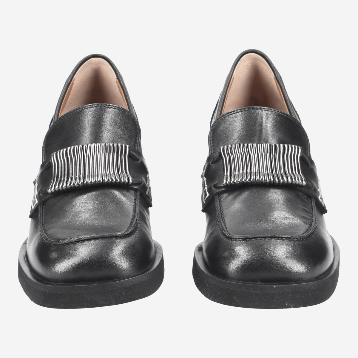 Office fisher chunky black leather fringed hot sale buckle loafers